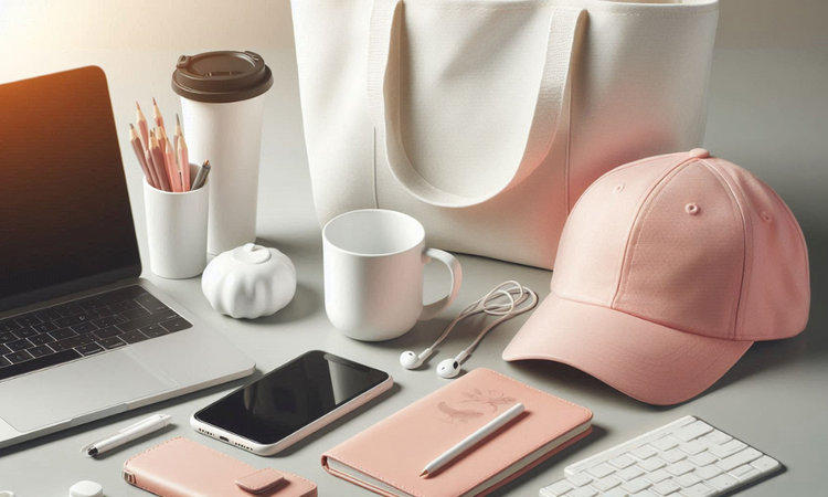 a cap a bag and a mug sitting on a desk